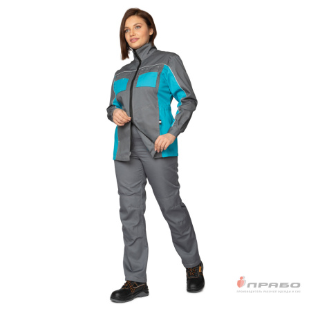 Костюм женский "Бренд 1" 2020 с удлинённой курткой серый/бирюза Прабо